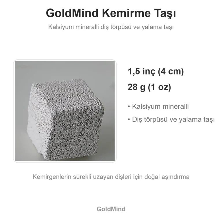 GoldMind kemirme taşı diş törpüsü boyut ve ağırlık kartı: her kenarı 1,5 inç (4 cm), ağırlığı 28 gram (1 oz)